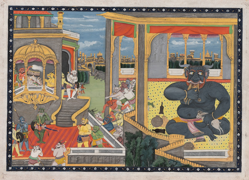 The Giant Kumbhakarna is Awakened – A Leaf from the Ramayana - Pahari Painting, Mid-19th century