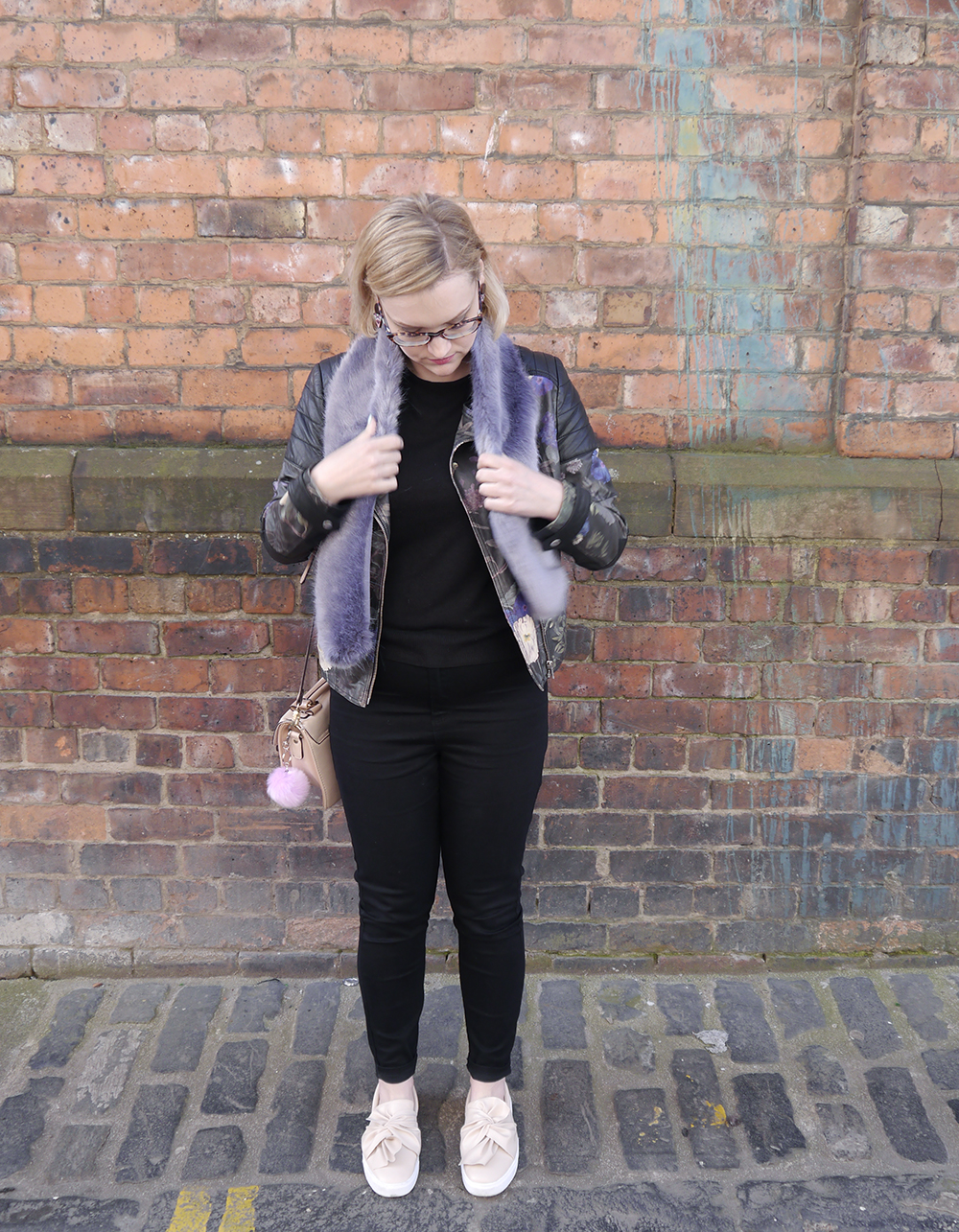 Dressing like a Cool Girl, even when you don't feel like one Fearne Cotton very collection, painted leather jacket, how to style a leather jacket, cool girl style inspiration, how to dress like a Cool Girl, Wardrobe Conversations blog, faux fur collar on biker jacket