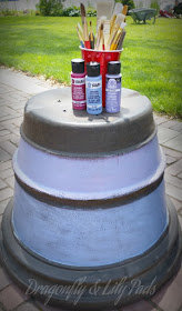 Drilled Water holes in Painted Pots, Lavender and Blue Stripes, Hot Pink, Paint Brushes, 