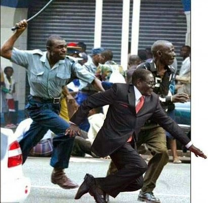 Mugabe being chased away by Zimbabwean policeman for not doing his job properly via geniushowto.blogspot.com #MugabeFalls memes 