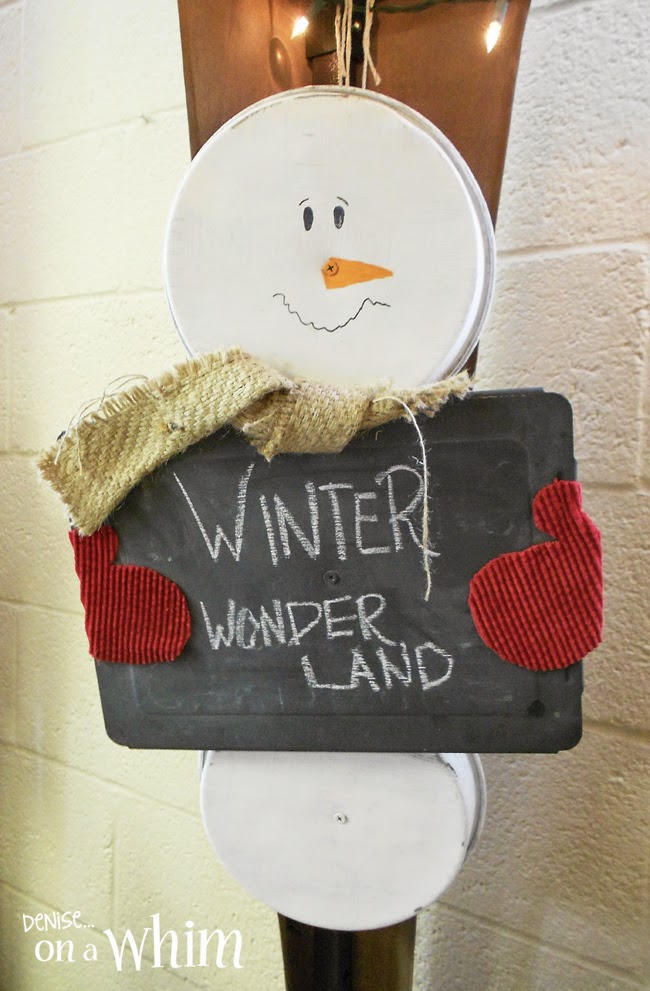 Repurposed Cake Pan Snowman with a Chalkboard from Denise on a Whim