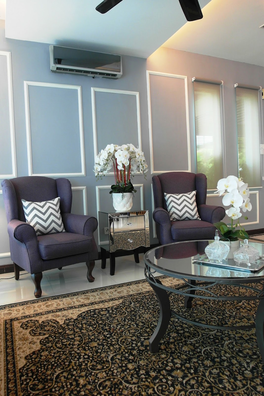 Lizzie As A Mummy Renovating Our Humble Home These Are Our Existing Arm Chairs Which Lentera Refurbished I Never Knew Purple Would Go So Well With Persian Carpet And That Mirrored Double Drawers
