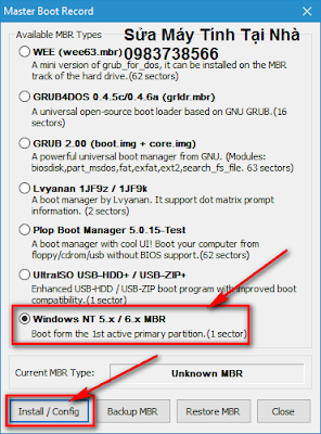 Chọn Windows NT 5.x/6.x MBR