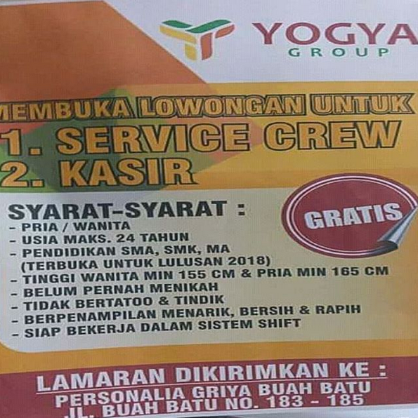 Lowongan Kerja Yogya Center Buah Batu Bandung 2021
