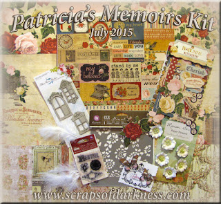 Scraps of Elegance scrapbook kits: July Patricia's Memoirs Kit - We've matched up two of the most gorgeous new papers out there, from BoBunny's Juliet and Prima's Debutante collections, and added some wonderful embellishments and other elements from Prima, Blue Fern Studios, BoBunny, Marion Smith Designs (check out those sweet inkable/mistable flowers!). Find our kits here: www.scrapsofdarkness.com