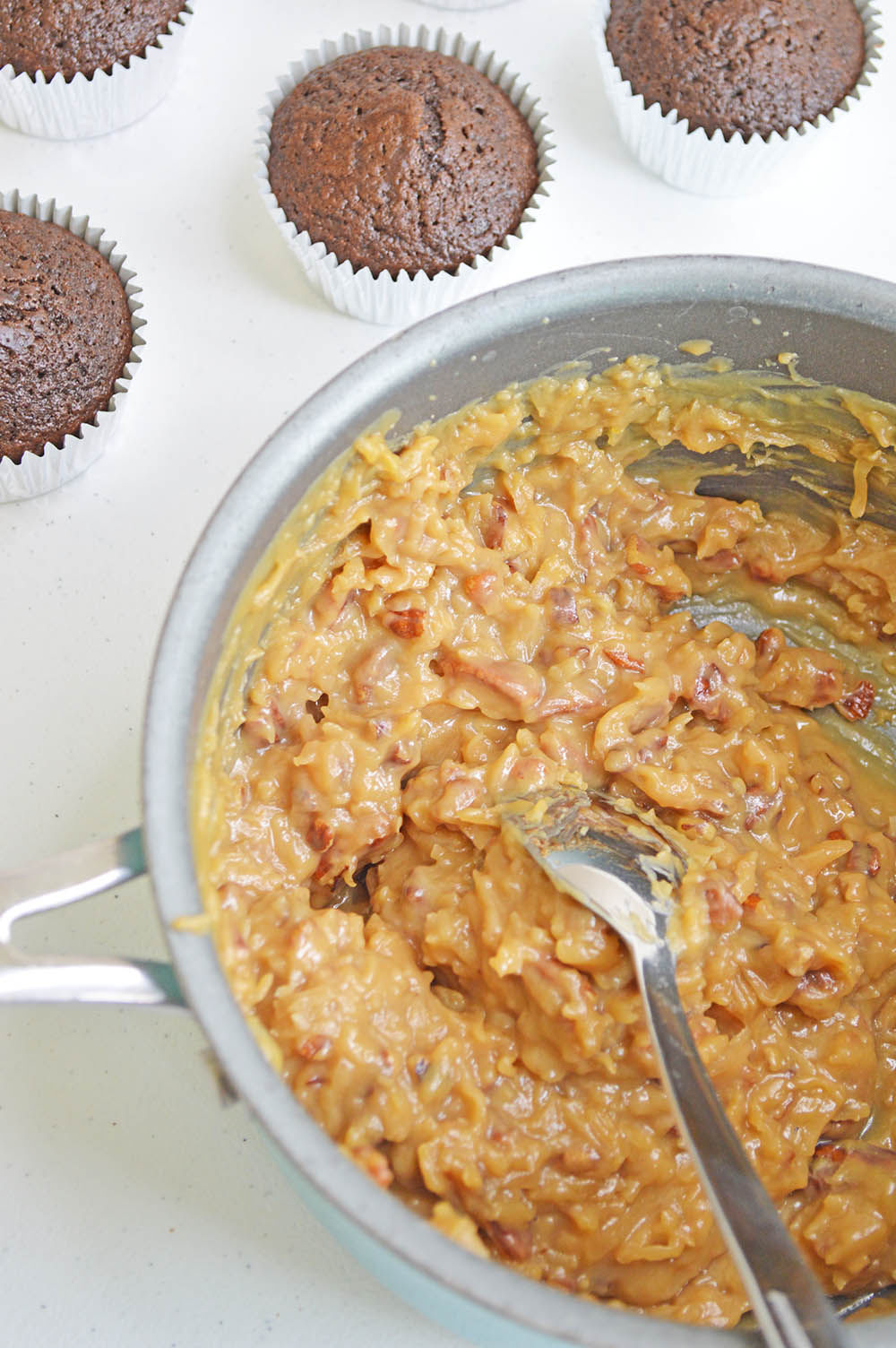 German Sweet Chocolate Cupcakes with Homemade Coconut Pecan Frosting