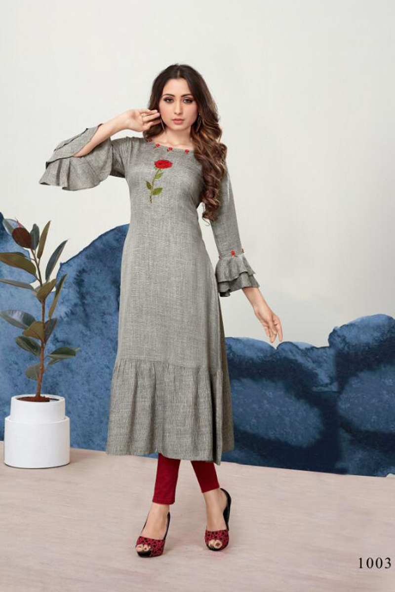 9455 Wholesale Party Indian Wear Embroidered Rayon Bell Sleeves Kurti