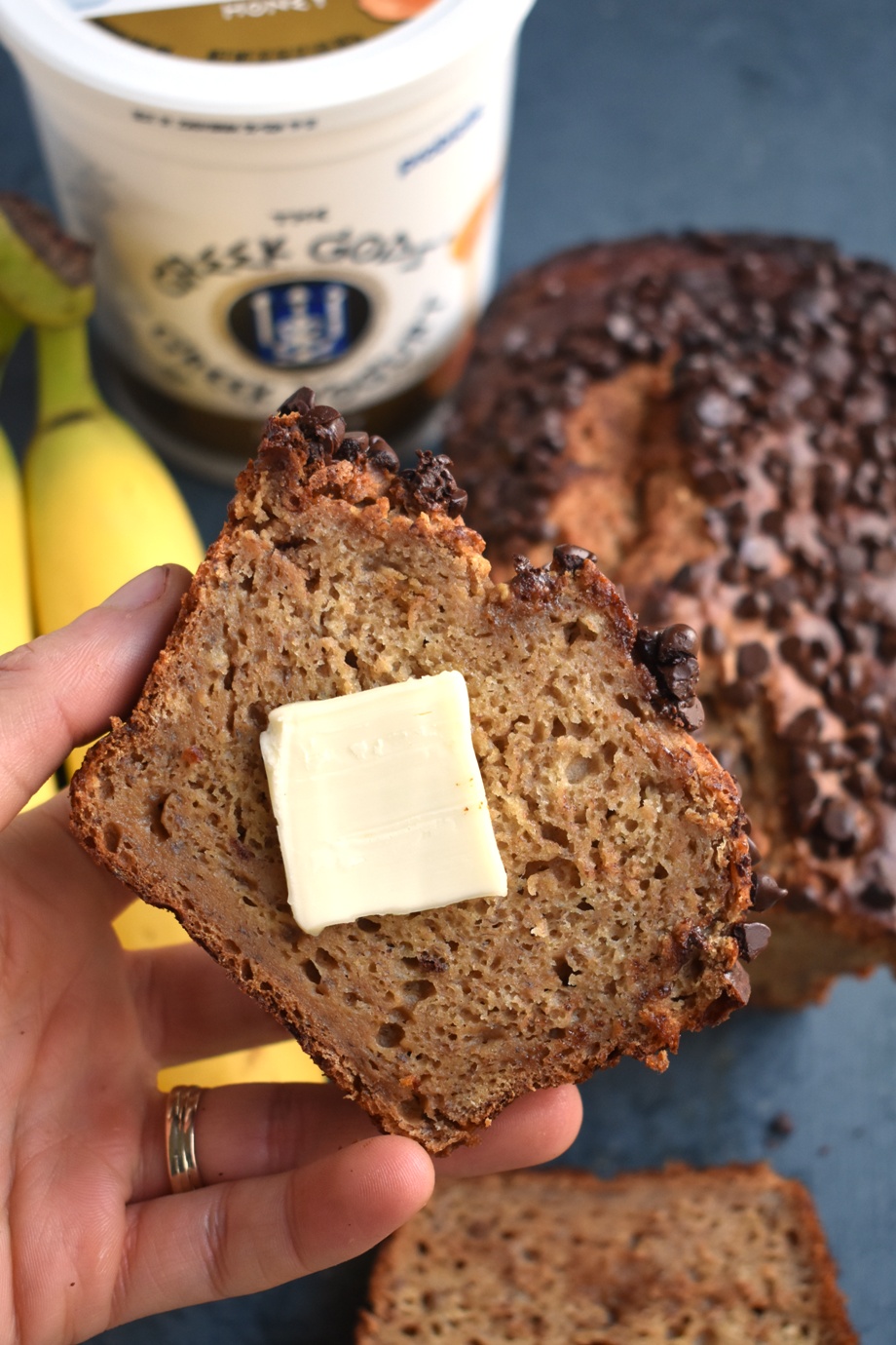 Slice of banana bread with butter