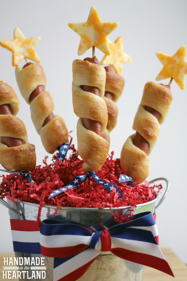 4th of July Firecracker Hot Dogs on a stick. 