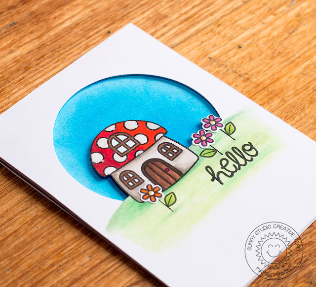 Sunny Sentiments Stamps Backyard Bugs Toadstool House Window card by Marion Vagg.