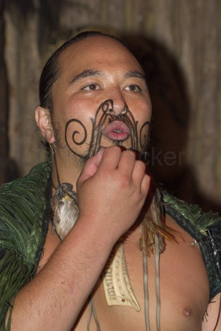 A Maori Warrior displaying his Tattoo in the Tamaki Maori Village on the