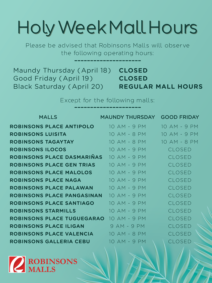 FULL LIST SM, Ayala and other malls schedule for Holy Week 2019