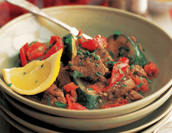 Moroccan summer tagine of lamb, courgettes, peppers and mint