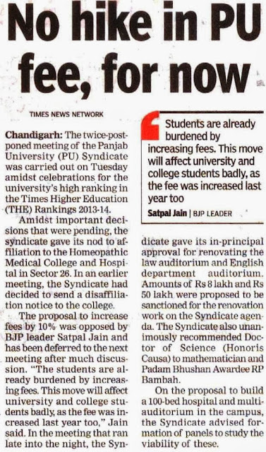 Panjab University Students are already burdened by increasing fees. This move will affect university and college students badly, as the fee was increased last year too - Satya Pal Jain, BJP leader