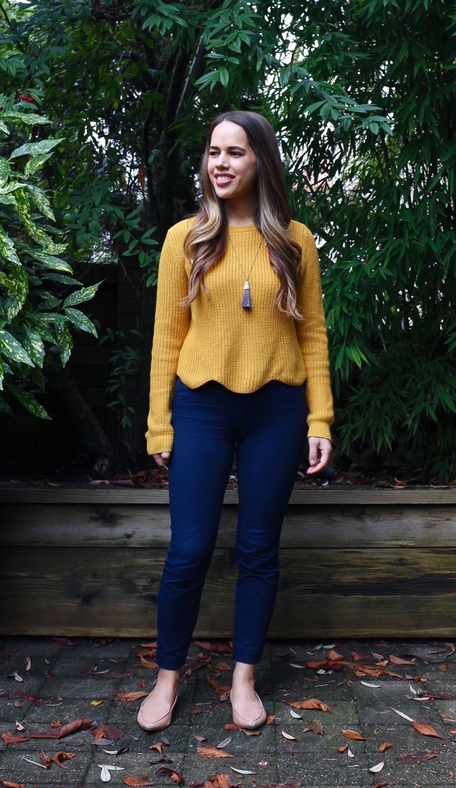 Jules in Flats - Scalloped Mustard Sweater Outfit Idea (Business Casual Winter Workwear on a Budget)