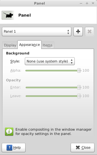 Panel appearance tab in panel properties in linux mint 13 xfce Panel appearance tab in panel properties in linux mint 13 xfce