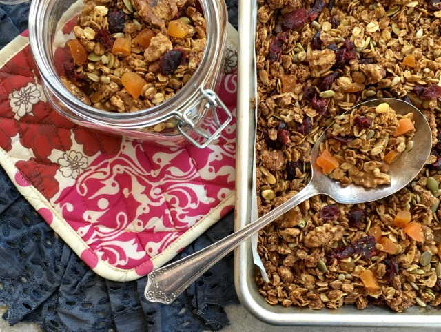 Super Healthy Granola for Everyday Snacking; includes nuts, seeds, coconut, dried fruit and old fashioned rolled oats. Naturally sweetened with molasses and maple syrup. Very little added fat.