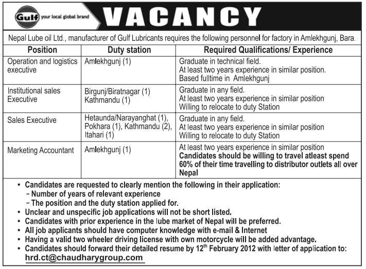 Job Vacancy Nepal Lube oil Ltd. Jobs in Nepal