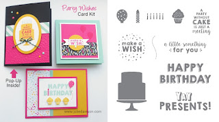 Stamp of the Month Club Card Kit featuring Stampin' Up! Party Wishes stamp set from 2016 Occasions Catalog #stampinup #birthday Learn More at  www.juliedavison.com/clubs