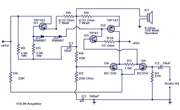 Simple 150 Watt amplifier circuit using transistors ~ Elektrik