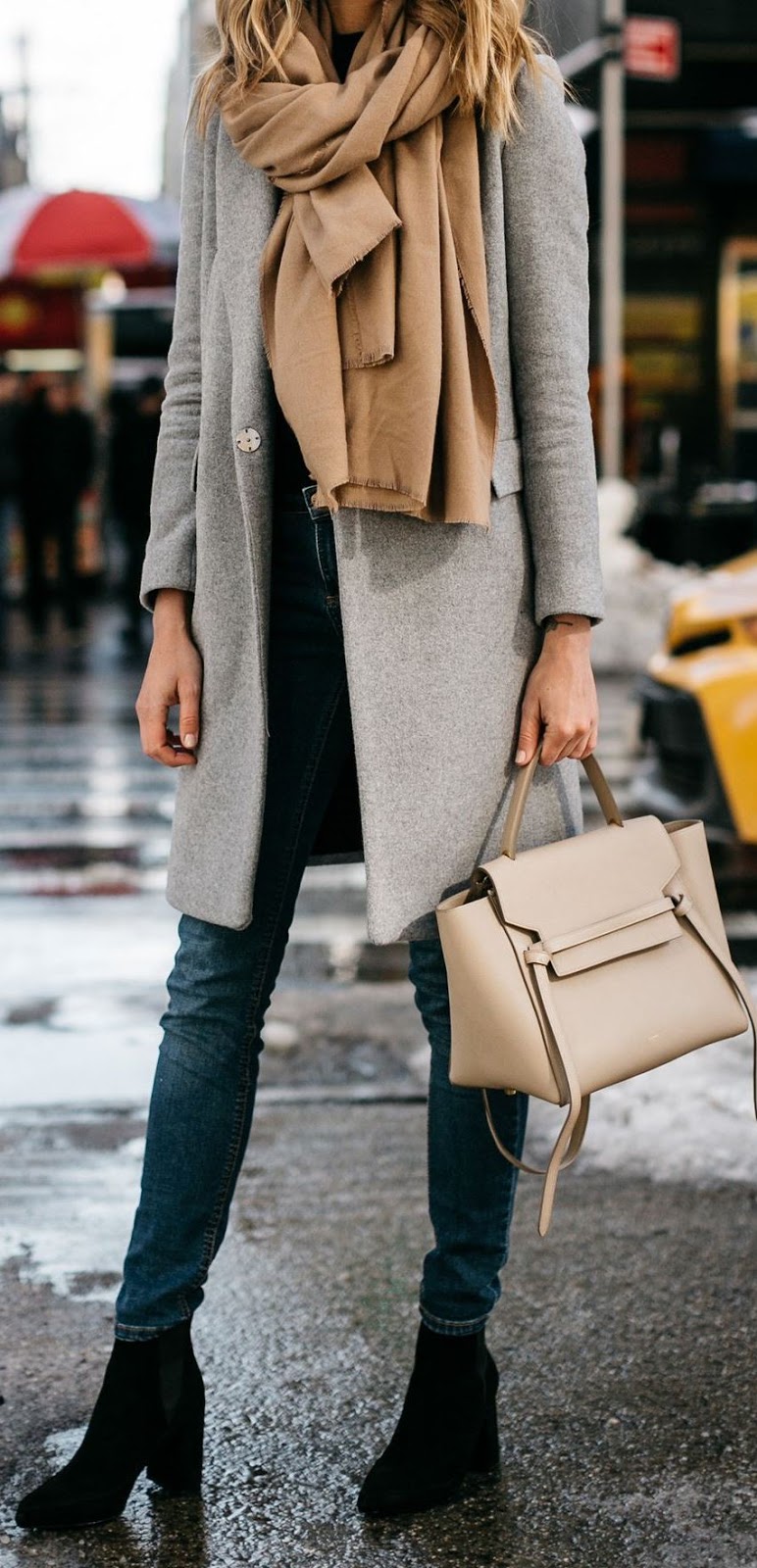 cool outfit idea : grey cashmere coat + nude scarf + bag + jeans + boots
