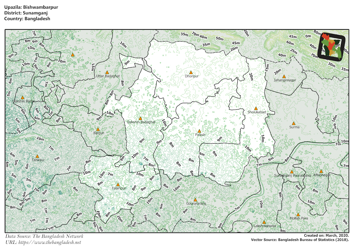 Bishwamvarpur Upazila Elevation Map Sunamganj District Bangladesh