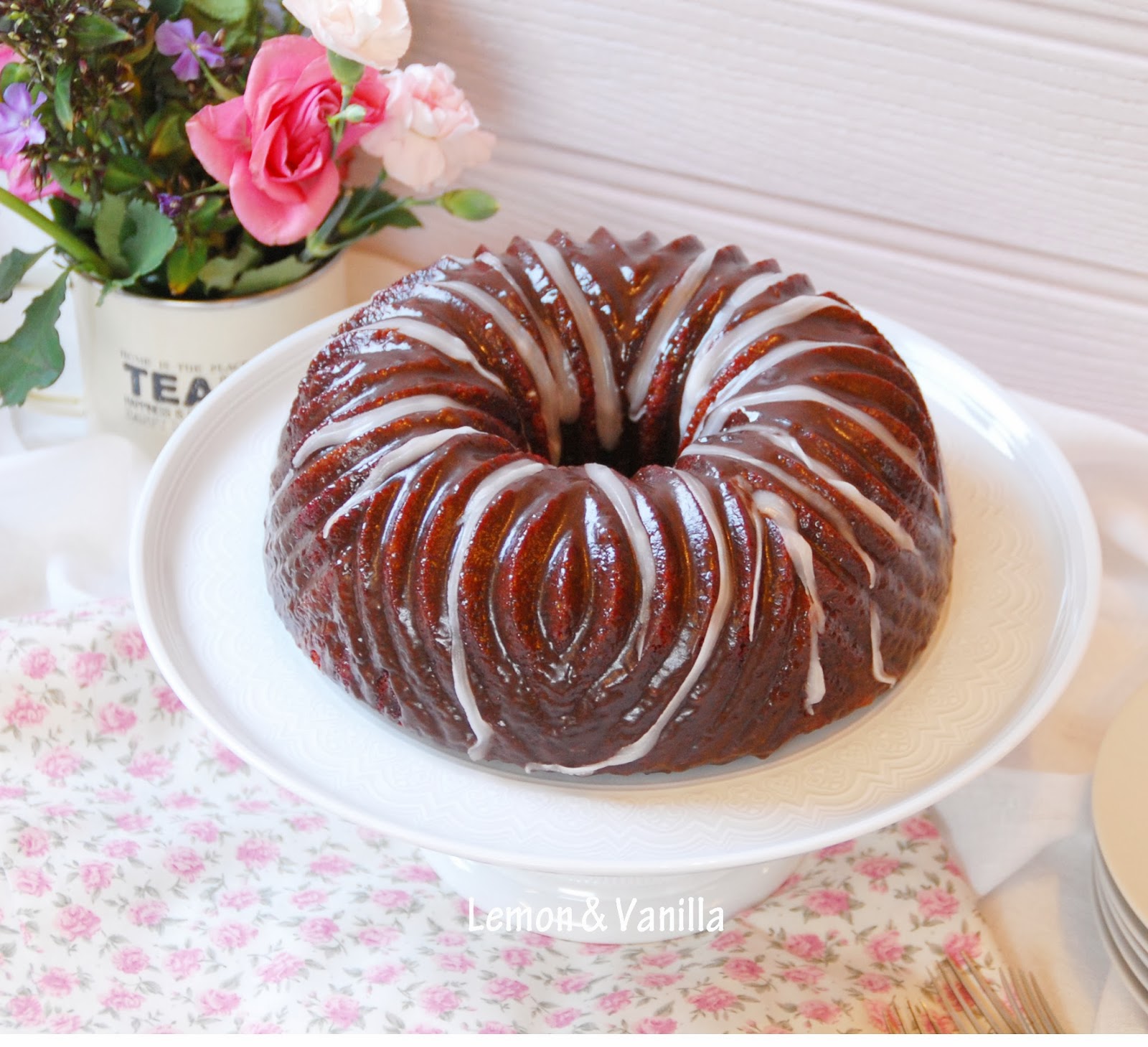 Lemon & Vanilla Red velvet zebra bundt cake with chocolate glaze