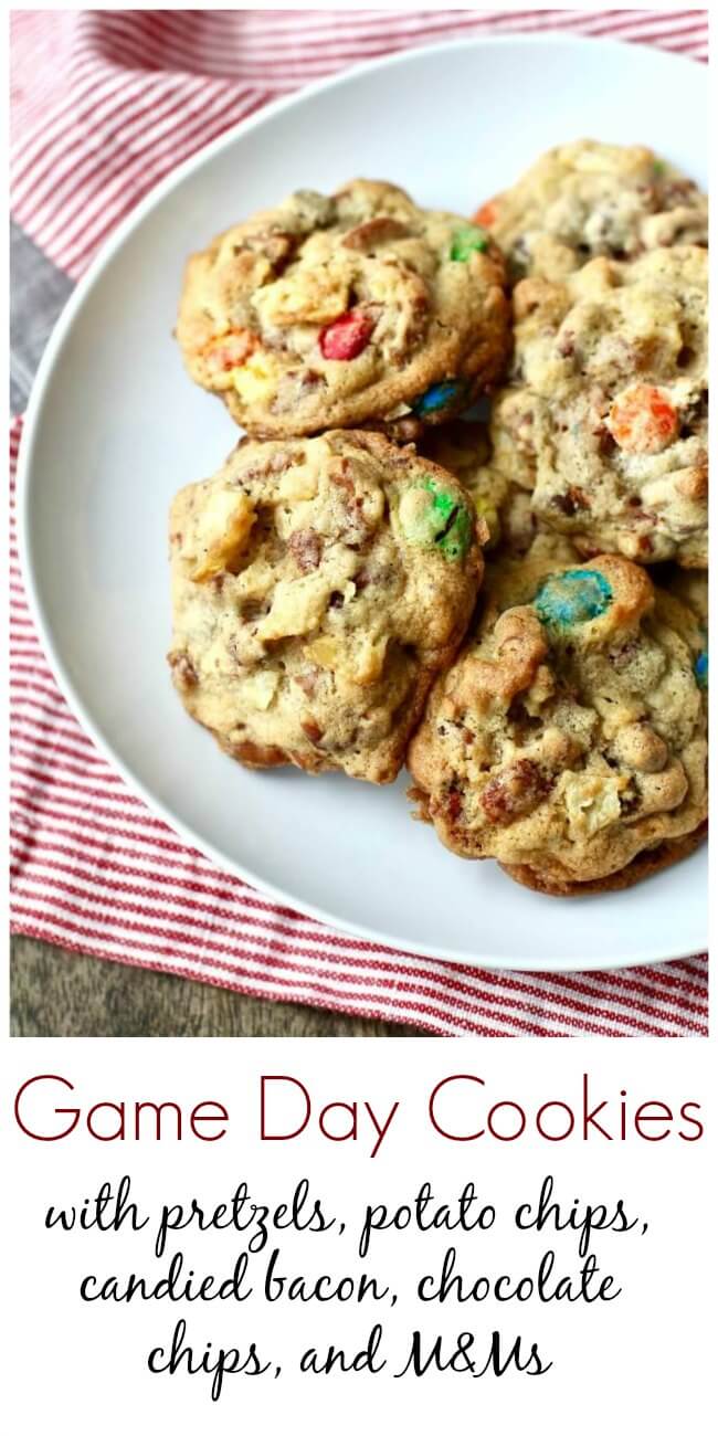 Game Day Cookies with potato chips, pretzels, candy, and bacon Game Day Cookies with potato chips, pretzels, candy, and bacon #cookies