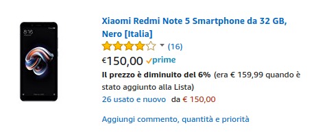 Offerta Xiaomi Redmi Note 5 3/32 GB spedito da Amazon a 150 euro