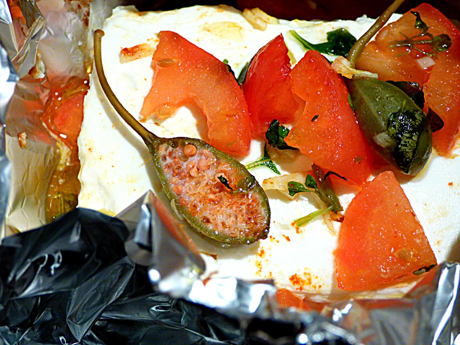 Chez Maximka Foilbaked feta with caper berries and Greek basil