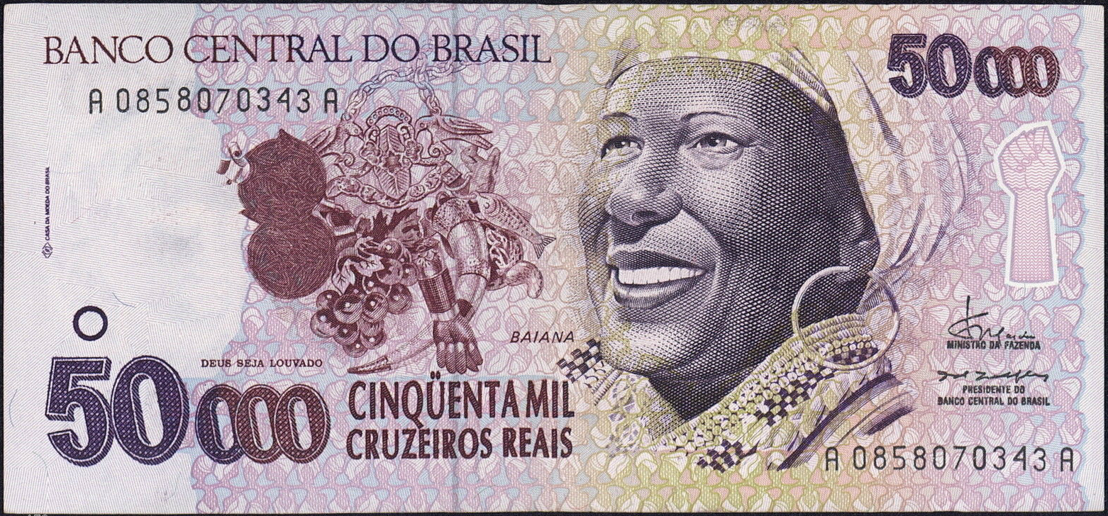 Brazil 50000 Cruzeiros Reais Banknote 1993 Baiana World Banknotes 