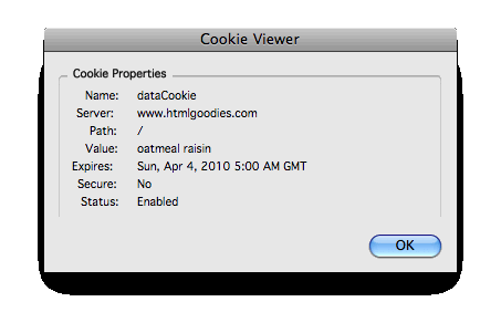 Parameter info for the dataCookie=oatmeal raisin cookie when using MSIE