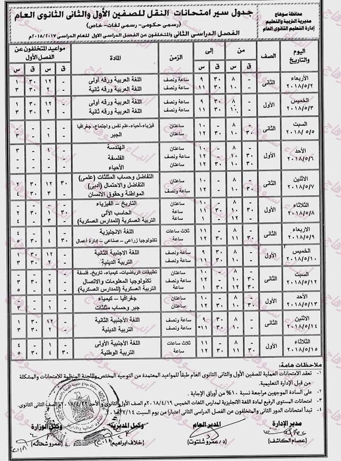 جدول امتحانات الصف الأول الثانوي 2018 الترم الثاني محافظة سوهاج جدول امتحانات الصف الأول الثانوي 2018 الترم الثاني محافظة سوهاج
