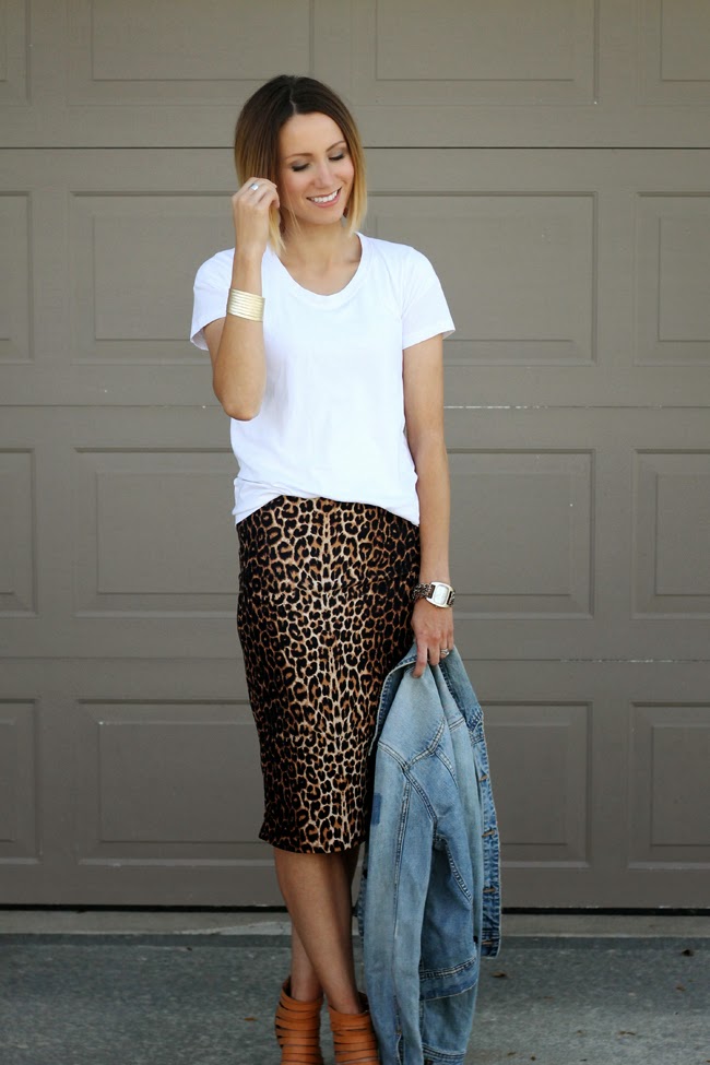 Leopard pencil skirt, white tee, and strappy ankle boots