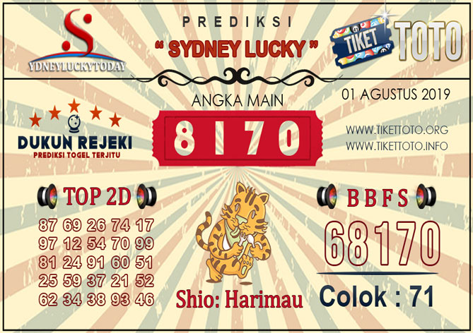 Prediksi Togel SYDNEY LUCKY TIKETTOTO 01 AGUSTUS 2019