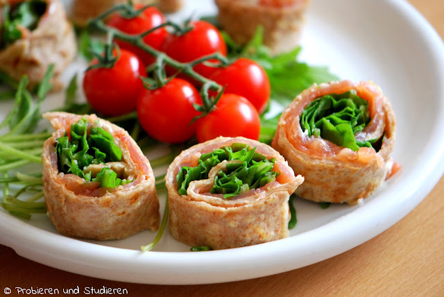 Probieren und Studieren : Lachs-Crépe-Röllchen mit Rucola