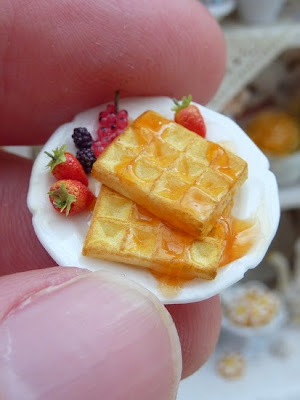 12th scale waffle breakfast plate served with woodland fruit.  Handmade by Paris Miniatures - Emmaflam and Miniman