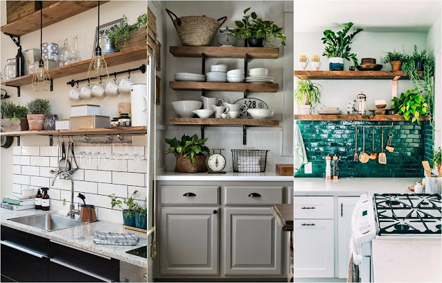 Diferentes cozinhas com decorações utilizando panelas, prateleiras e plantas
