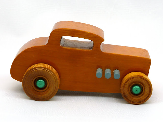  Right Side - Wooden Toy Car - Hot Rod Freaky Ford - 32 Deuce Coupe - Pine - Amber Shellac - Metallic Green - Gray  Right Side - Wooden Toy Car - Hot Rod Freaky Ford - 32 Deuce Coupe - Pine - Amber Shellac - Metallic Green - Gray