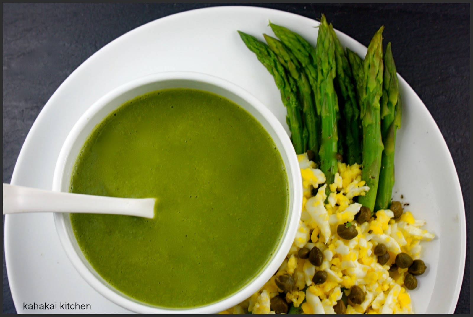 Kahakai Kitchen Pea, Lettuce & Fennel Soup with Asparagus Mimosa
