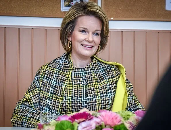 Queen Mathilde wore a new plaid multicolor coat by Natan. Natan coat from Fall/Winter 2019 collection