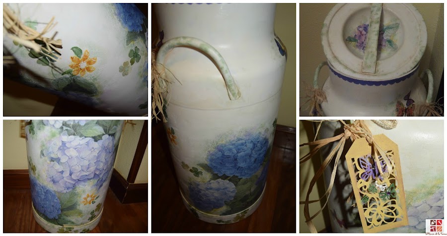 lechera con decoupage y pintada a mano