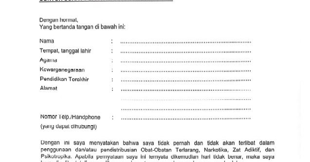 Contoh Surat Pernyataan Bebas Narkoba Untuk Daftar Cpns