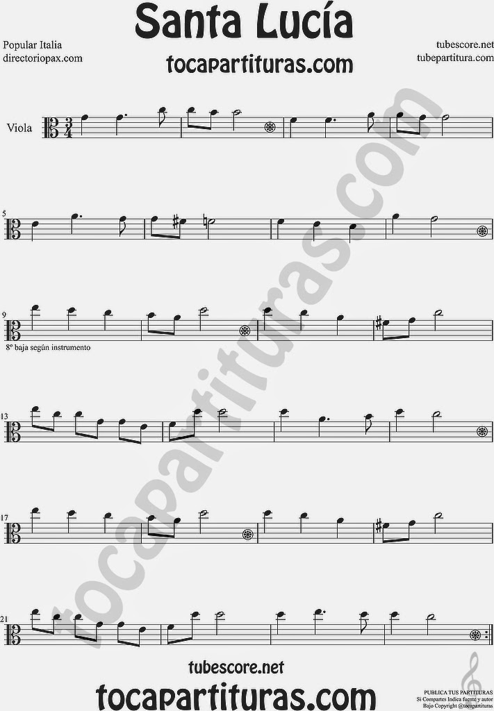 Santa Lucía Partitura de Viola Sheet Music for Viola Music Score