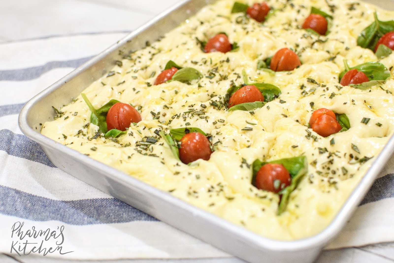 Pharma's Kitchen Focaccia with Basil and Cherry Tomatoes (a recipe by