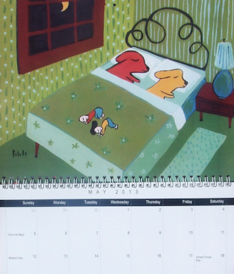 2013 calendar - painting of dogs in bed with people