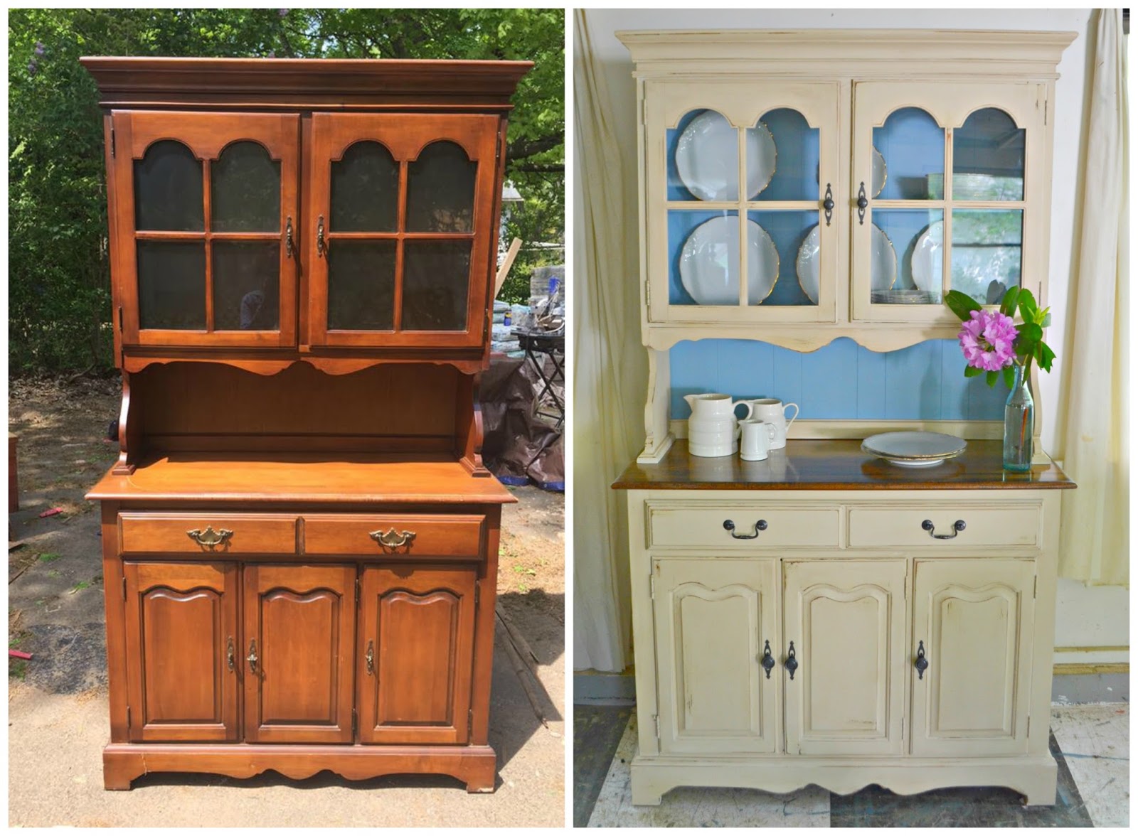 Heir and Space A Vintage Maple Hutch in Ivory and Blue