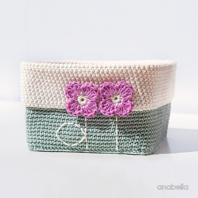 Square based crochet basket with tiny spring flowers by Anabelia Craft Design