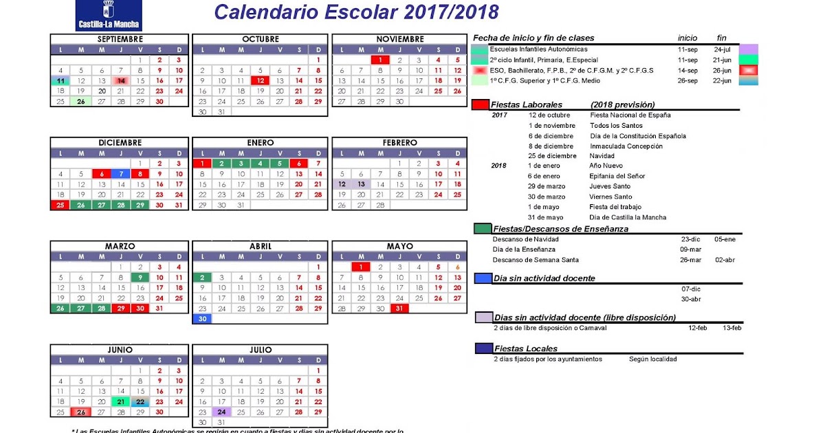 Resultado de imagen de calendario escolar 2017 castilla la mancha