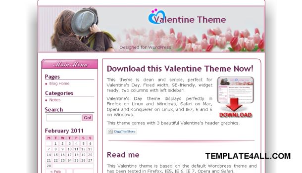 Wordpress Pink Valentines Theme Template